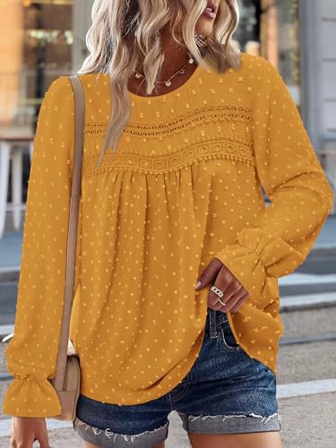 BETTE BOUTIK Womens Boho Fall Long Sleeve Shirts Crewneck Dressy Casual Blouses Trendy Flowy Tops