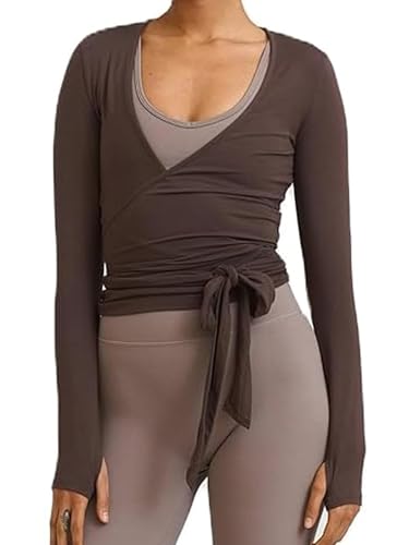 Image of Springcmy Women Yoga Ballet Pilates Wrap Top Sexy Deep V Neck Tie Front Lace Trim Long Sleeve Tops Slim Fit Workout Blouse Top (Aa Coffee, S)