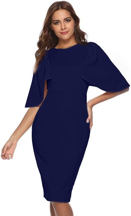 Memoriesea Women's Ruffle Flared Sleeve Bodycon Pencil Formal Cocktail Midi Dress - Image 2