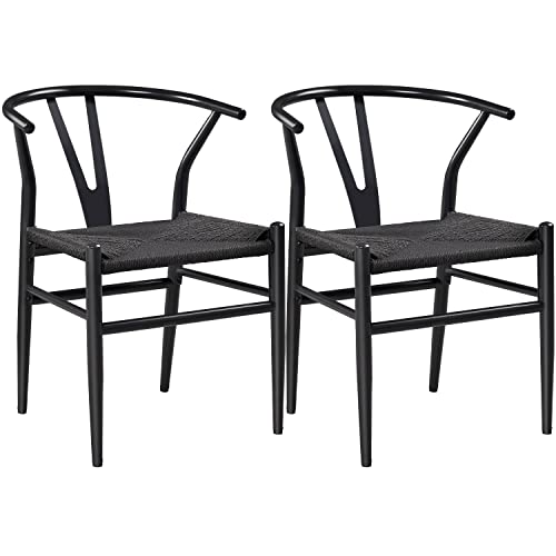 Yaheetech 2pcs Sillas de Comedor de Ratán con Asiento Trenzada Marco Metal para Interiores y Exteriores 54,5 x 57 x 73,5cm Terreza Jardin Sala de Estar Negro Completo