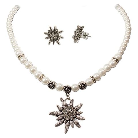 Costume Jewellery * Set Damen Dirndl Edelweiss Stud Earrings Bead Chain Necklace & Earrings * Costume Necklace Edelweiss Large Rhinestones Oktoberfest Dirndl Costume Jewellery (Cream/White) Cover