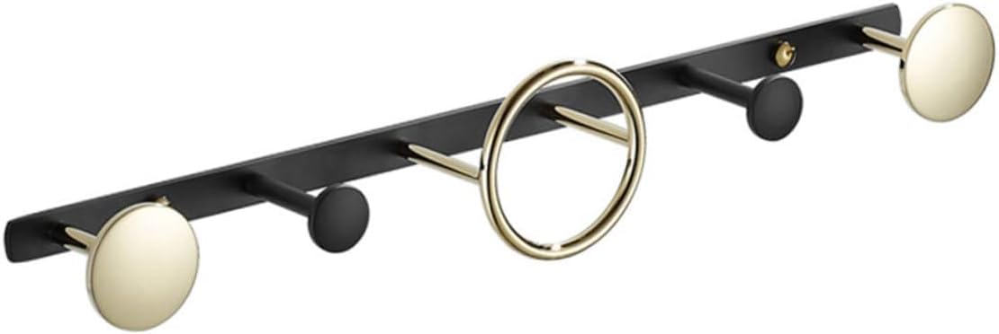 Brass Wall-Mounted Clothes Hook with 1 Ring 4-Hook Row, Gold and Black Bathroom Coat Hat Rack, Creative Hanging Hook for Door, Towel and Robe Storage