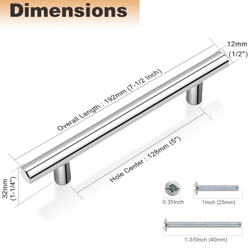 Image of Probrico 50 Pack| 5 inch Drawer Pulls Stainless Steel, Modern Polished Chrome Cabinet Pull, Round T bar Handles Dresser Drawer Pulls, Kitchen Cabinet Knob Hardware