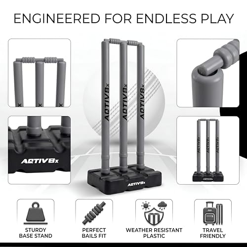Image of Plastic Cricket Wicket Set Full Size with 1 Base, 2 Bails & 3 Wickets (Grey)