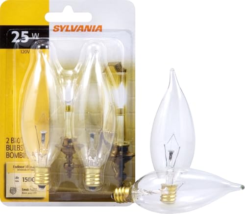 OSRAM Sylvania Incandescent Decorative Lamp, B10, 25W, 120V, Candelabra, Clear, 2 Per Box-2489092
