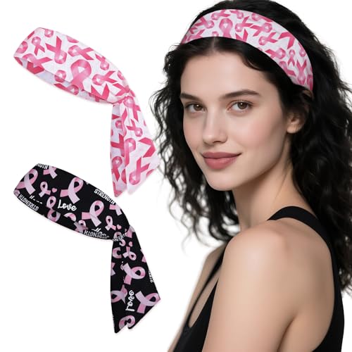 ABTOLS 2PCS Breast Cancer Awareness Tie Sweatband Headband for Men Women Pink Black Awareness Athletic Hairband Tie Up Sweatband for Breast Cancer Fundraising Events Support