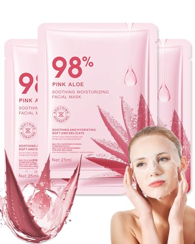 Face Mask Set-3Pcs Pink Aloe Soothing Moisturizing Facial Masks, Hydrating Facial Sheet Masks, Repair Face Mask Skincare Product for All Skin Type, Women's Day Skin Care Gift Kit for Women Girl-Set C