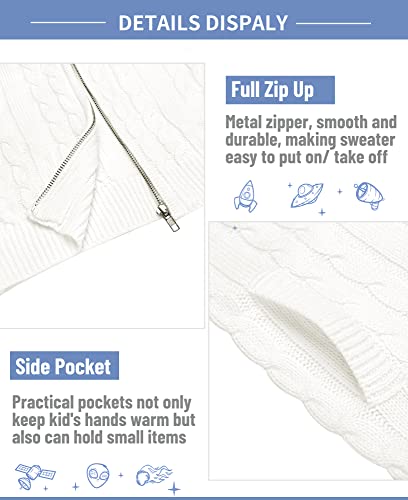 Boyoo Boy's Cardigan Sweater Full Zip Cable Knit Uniform Sweater Jacket With Pockets For 4-12 Years White #TOP4