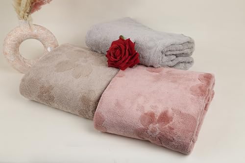 Image of HANKER Ultra Luxury Large /Full Size Plush Bath Towel | Set of 3 | Beige, Peach and Gray Super, Very Soft On Skin, Luxurious Fabric, Pure Polyamide, 70x140cm, 500GSM