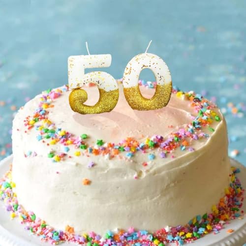 Image of Wanna Party Gold Glitter Number 50 Birthday Candle - Elegant Gold & White Cake Topper for 50th Birthday Party, Sparkling Double Digit Cake Decoration