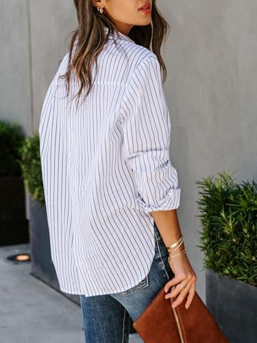 Image of siliteelon Striped Button Down Shirts Women Cotton Long Sleeve Work Blouses