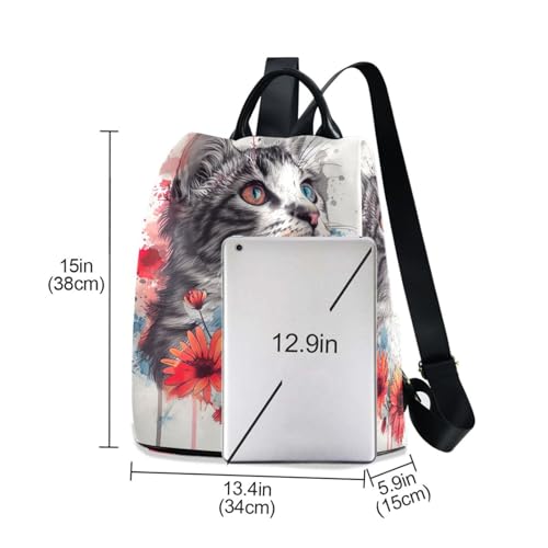 Sac à dos femme décontracté motif chat fleur et poche antivol