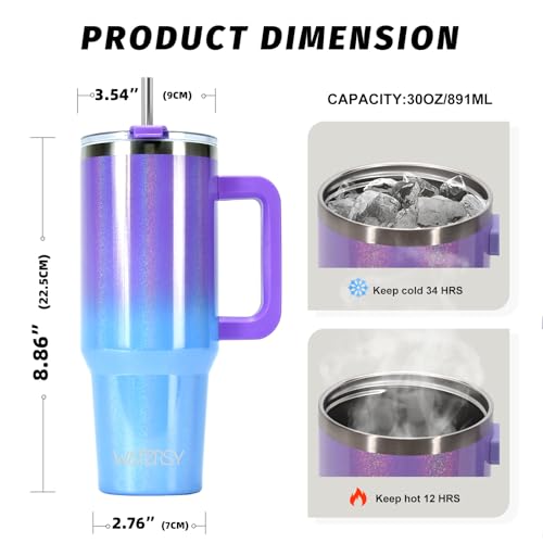 Image of 30 oz Shiny Tumbler with Handle and Straw,Stainless Steel Tumbler with Lid and Straw,Insulated Travel Mug(Cold for 34 Hours),Water Bottle for Iced Tea,Coffee (Purple)