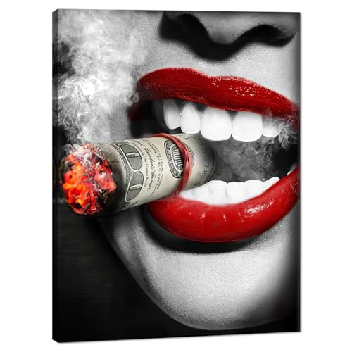 Red Lip Wall Art Modern Sexy Poster Print on Canvas Decor Modern Giclee Art Woman Smoking Cigar Picture Wall Decor Artwork Living Room Bedroom Home Office Decorations, Framed 12" Wx16 H