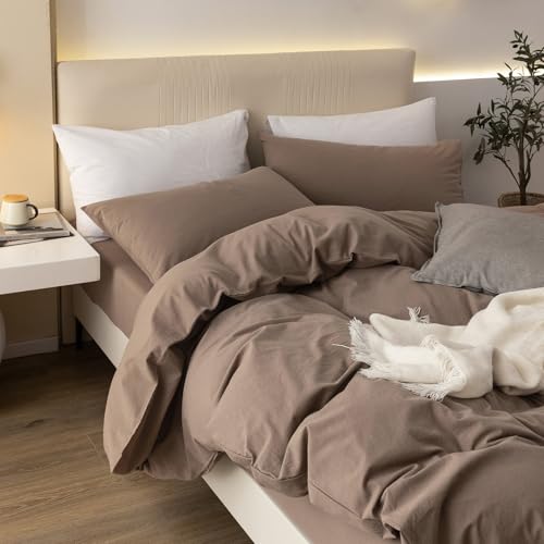 JIYUAN 100% Washed Cotton Duvet Cover Set 3 Pieces Cal King, 1 Duvet Cover 104x98 Inches(Comforter Not Included) and 2 Pillowcases,Linen Feel Bedding Set Comfy and Breathable,Light Brown