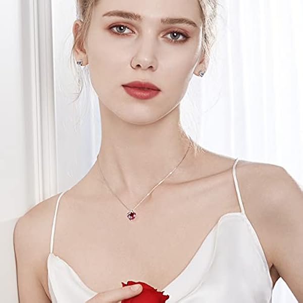 CACESTONE Collar Mujer Corazón Plata de Ley 925,Piedra de Nacimiento Colgante co flor de Rose, Piedra Preciosa Artificial 7.6 Carat 12mm, Regalo para Día de la Madre Esposa y Novia 45cm