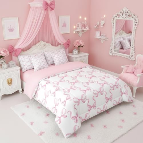 7 Pcs Kawaii Pink Bow Girls Bed in A Bag with Sheets,Queen Size Dreamy Princess Style Comforter Set,Cute Girls Room Decor Coquette Bedding,Princess Bowknot Bed Set Pink Bow Tie Bed Set Bedroom Decor