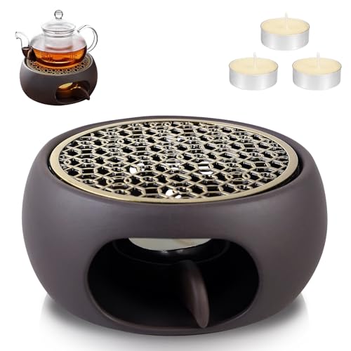 Stövchen für Teekanne Keramik, Keramik Stövchen, Teewärmer Kaffeewärmer mit Herdmatte, Teekanne Teekannenwärmer, Hohl Geschnitztes Design für Wärmeerhaltung von Tee Kaffee Milch