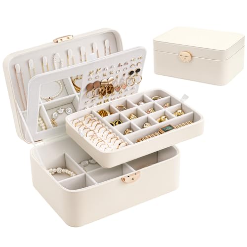Lolalet 2 Layer Jewelry Box with Lock and Key for Teen Girls & Young Women, Jewelry Organizer Case with Round Clasp and Mirror for Earrings Rings Neck