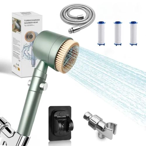 Regadera de mano turboalimentada con cepillo, 6 modos de pulverización, apagado con un toque, 3 cartuchos de filtro, manguera y soportes incluidos miniatura 1