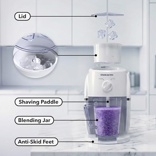Image of OVENTE Shaved Ice Machine, Electric Ice Shaver with 2 Shaving Settings, Blending Jar /Serving Pitcher, Easy to Use Slushy & Snow Cone Maker for Homemade Treats, Frozen Cocktails & More, White ICR2037W