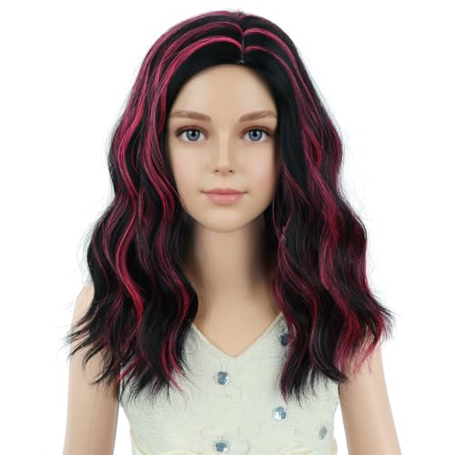 Image of PATTNIUM Girls Black and Hot Pink Short Curly Wavy Wigs Kids Black Side Part Shoulder Length Heat Resistant Synthetic Wig Halloween Cosplay Costume Party Daily Wigs