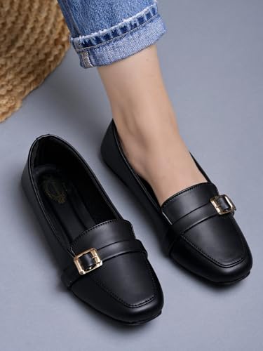Image of Shoetopia Women's Elegant Bow Ballet Flats Designer Pattern Slip-On Shoes with Metal Buckle Accent & Comfort Sole