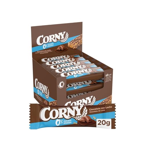 Corny - Barritas de Cereales 0% de Chocolate con Leche, Sin Azúcares Añadidos, Bajo en Calorias y Grasas Saturadas, Fuente de Energía, Fibra y Proteinas, 24 x 20 gr