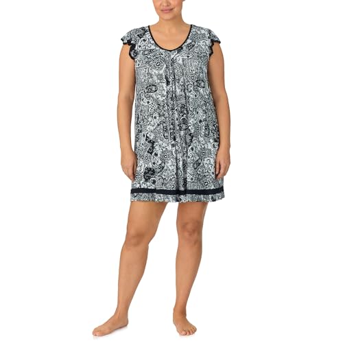 ELLEN TRACY Womens Nightgown - Soft Stretch Jersey Short Sleeve Chemise Sleep Dress - Black White Paisley, Medium