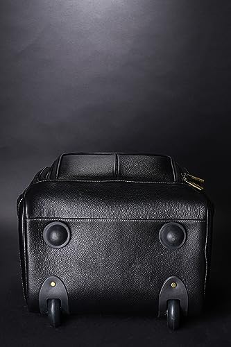 BRAND LEATHER Genuine Leather Underseat Carry-On Rolling Travel Luggage Bag (Black)