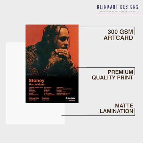 Image of BLINKART Post Malone- Stoney Wall Photo Frames | Wall Art for Bedroom, Living Room, Studio or Office | Album Cover Print with Spotify Song Link QR Code | Gift for Fans - 8x12 In