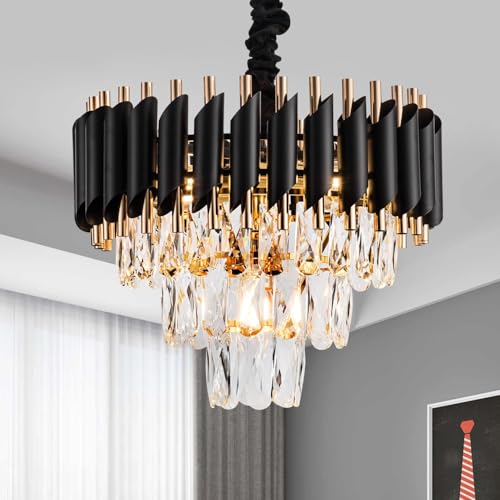 Image of SUANI Black Golden Italian K9 Crystal Pendant Ceiling Metal Chandelier | Chandelier for Living Room | Jhumar for Home | Jhoomar for Hotel | Chandelier Light, Black Gold, Round (400) mm