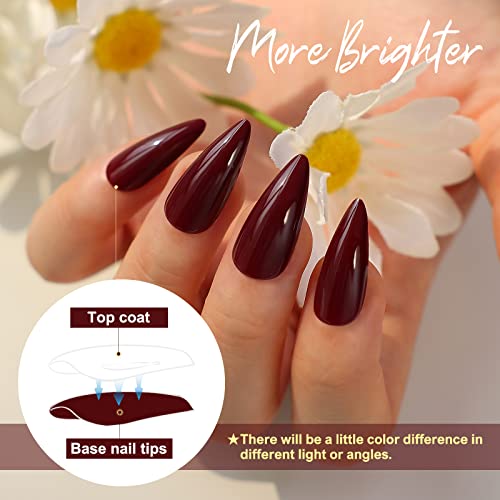 morily 24Pcs Wine Red Press on Nails Medium Length Stiletto False Nails Long Fake nails Glossy Acrylic Stick on Nails Solid Color Almond Full Cover