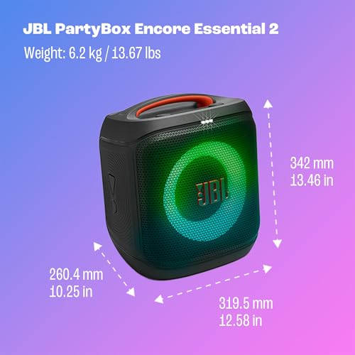 JBL PartyBox Encore Essential 2 - Portable Battery-Powered Party Speaker with AI Sound Boost, Up to 15 Hours of Play time, IPX4 Splash Proof, and Multi-Speaker Connection by Auracast (Black)