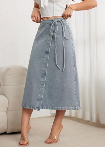 CHARTOU Women High Waist Tie Side Denim Wrap Skirt Long Asymmetrical A Line Jean Skirt with Slit4