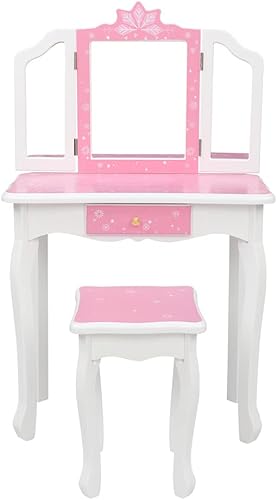 Miniatura 5 de Juego de tocador con espejo y taburete para niñas, tocador de maquillaje con cajón, mesa de tocador de princesa para niñas (estilo copo de nieve