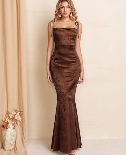Image of GLNEGE Wedding Guest Maxi Prom Dress Lace Up Satin Formal Dresses for Women | Spaghetti Strap Cocktail Elegant Bridal Shower Wgute Dress Bodycon Mermaid Long Evening Black Tie Dresses for Women