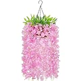 Zythrem Artficial Fake Hanging Flowers Plants with Baskets Pink Silk Wisteria Flowers with Hanging Planters Artificial Outdoor Flowers for Spring Summer Outside Porch Patio Balcony Garden Decor