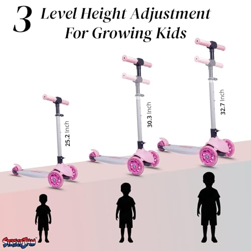 Image of STREETJAM Zoltra LED Wheel Kids Kick Scooter 3-12 Years, LED Light Wheels, BIS Approved, Lean-to-Steer Control, Extra Wide Deck, Vibrant Two-Tone Design, Up to 50 kg Load (Baby Pink with Grey)
