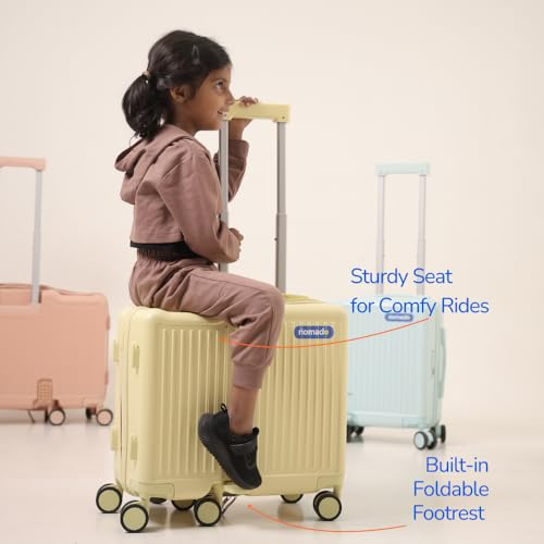 Image of nomado Scoot-Case 6-Wheel Cabin Bag for Kids, Polycarbonate Shell Ride-On Suitcase with Footrest, Phone Holder & Lock, 40L Capacity, Luggage for Boys & Girls, Trolley Bag with 4 Bag Hooks (Peach)