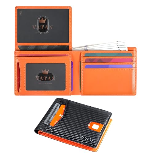 VATAN Wallet for Men, Mens Minimalist Wallet Credit Card Holder, Slim Leather Rfid 2 ID Window Large Capacity With Gift Box (Carbon Black and Orange)