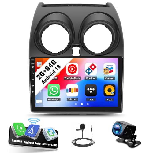 SIXWIN 2G+64G Android 13 Car Stereo for Nissan Qashqai 2006-2016 with Wireless CarPlay Android Auto Mirror Link 9 Inch Touchscreen Bluetooth GPS Navigation WiFi FM Backup Camera MIC