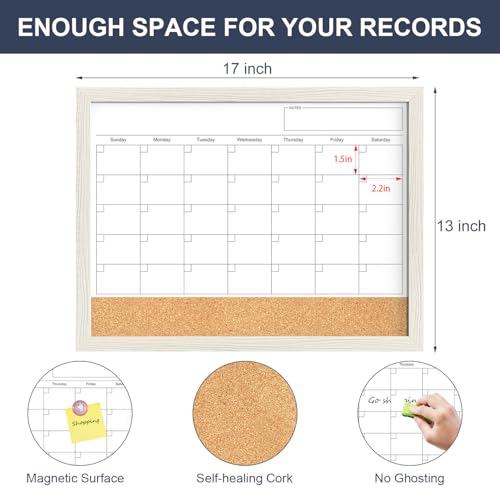 TANKEE 17"x13" Whiteboard Calendar Cork Board Combo, Magnetic White Board Monthly Calendar with Wood Framed, Hanging Dry Erase Board for Kitchen Home Office Planner image 5