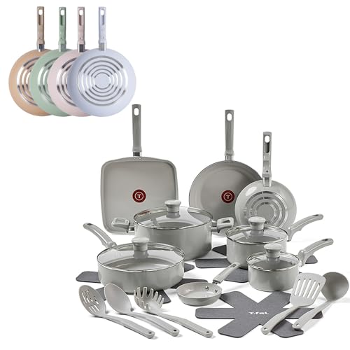 Comparison: Best Tefal Origins Pan Set 9 T-Fal Refresh Ceramic Pots and Pans Set, 20-Piece Nonstick Cookware Set, Stockpot, Griddle, Frying Pans, Utensils, Moon Grey