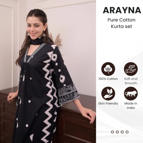 Image of Arayna Women's Pure Cotton Block Printed Ethnic Wear Kurta Set with Palazzo Pants & Dupatta