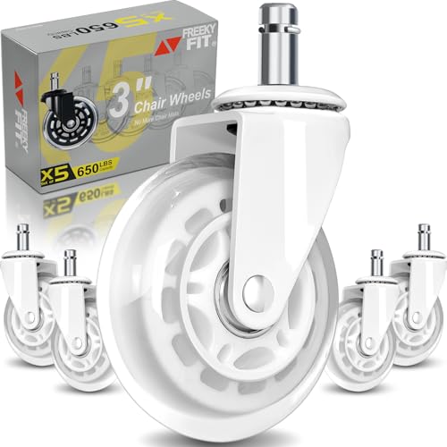 Image of Office Chair Wheels for Casters Replacement - 3 inch Rubber Wheels for Computer Gaming Desk Caster Smooth & Safe Rolling for All Floors Including Hardwood and Carpet - Set of 5 - White