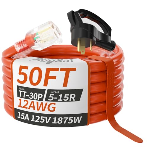 PlugSaf RV Adapter Cord Extension 50 FT, NEMA TT-30P to NEMA 5-15R Heavy Duty Outdoor RV Electrical...