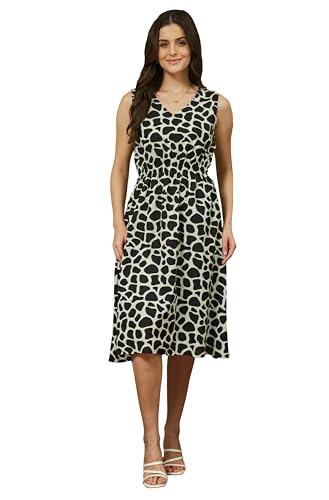 Image of Janasya Women's Black & White Linen Cotton Abstract Printed A-line Dress