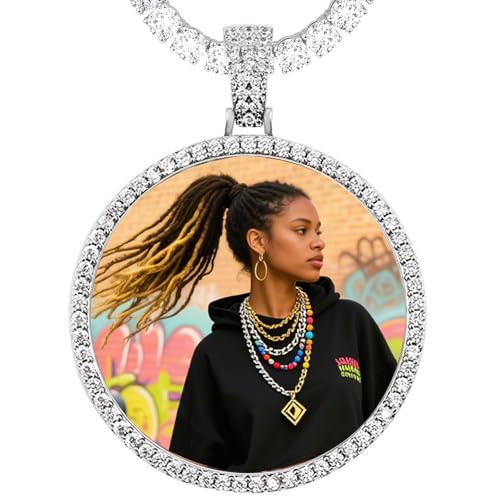 Zloris Personalized Big Circle Chain Custom Pendant for Men Women Oversized Picture Necklace with Cubic Zirconia Hip-hop Jewelry for Friends Lovers Family