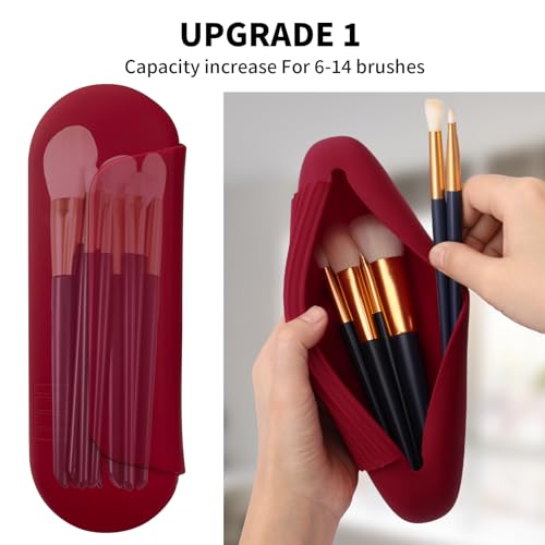 HJYLMM Silicone Makeup Brush Holder Travel Cosmetic Bag - Soft Portable Cosmetic Face Brushes Holder with Upgrade Anti-Fall Out Magnetic Closure,Large Travel Makeup Brush Case, Red